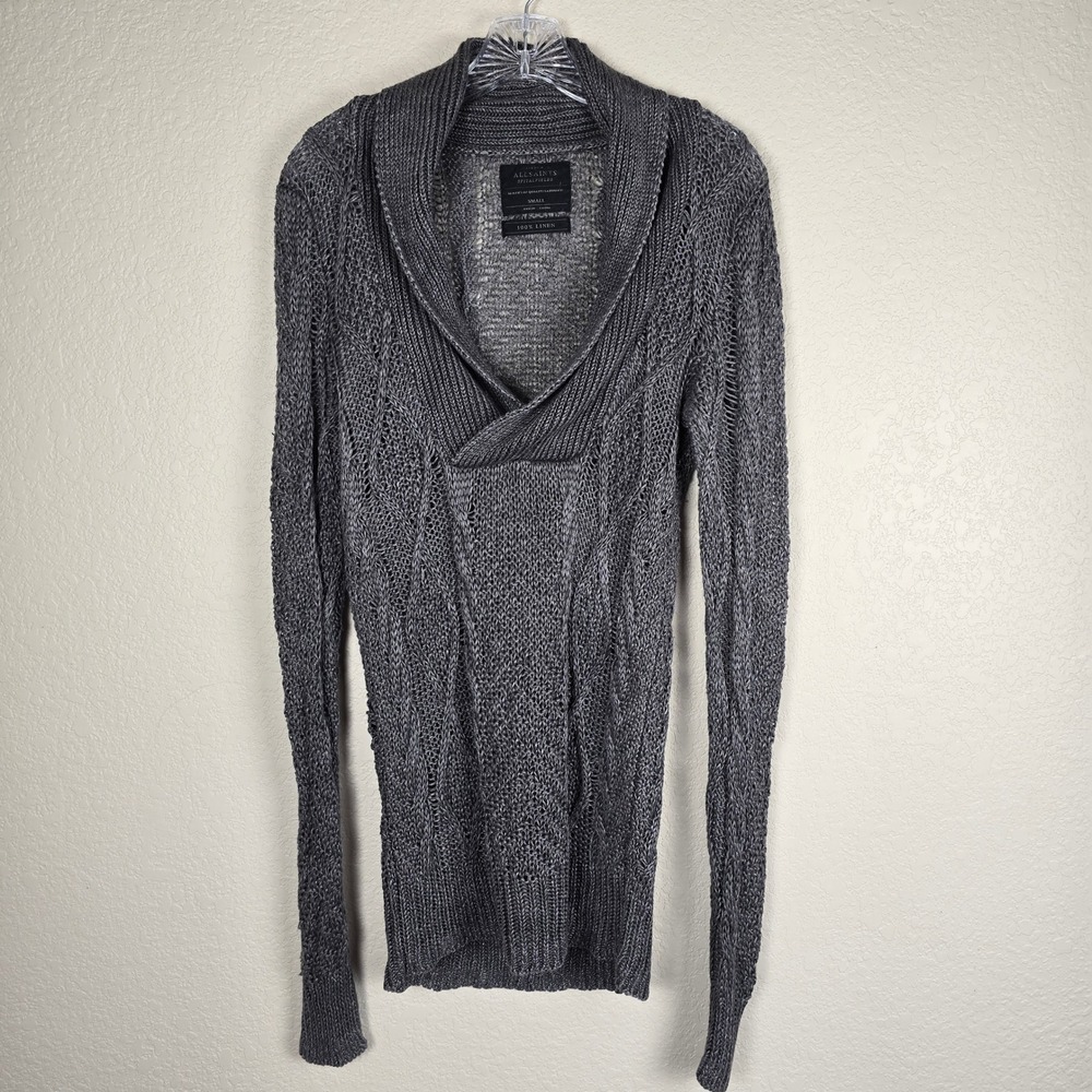 AllSaints Grey Linen Cable Knit Pullover Sweater Small Funnel‎ Neck Distressed